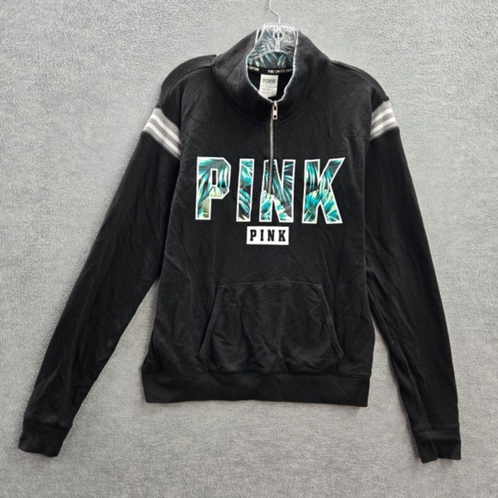 Pink Victorias Secret Women Sweatshirt Small Black Logo Varsity Campus 1/4 Zip‎